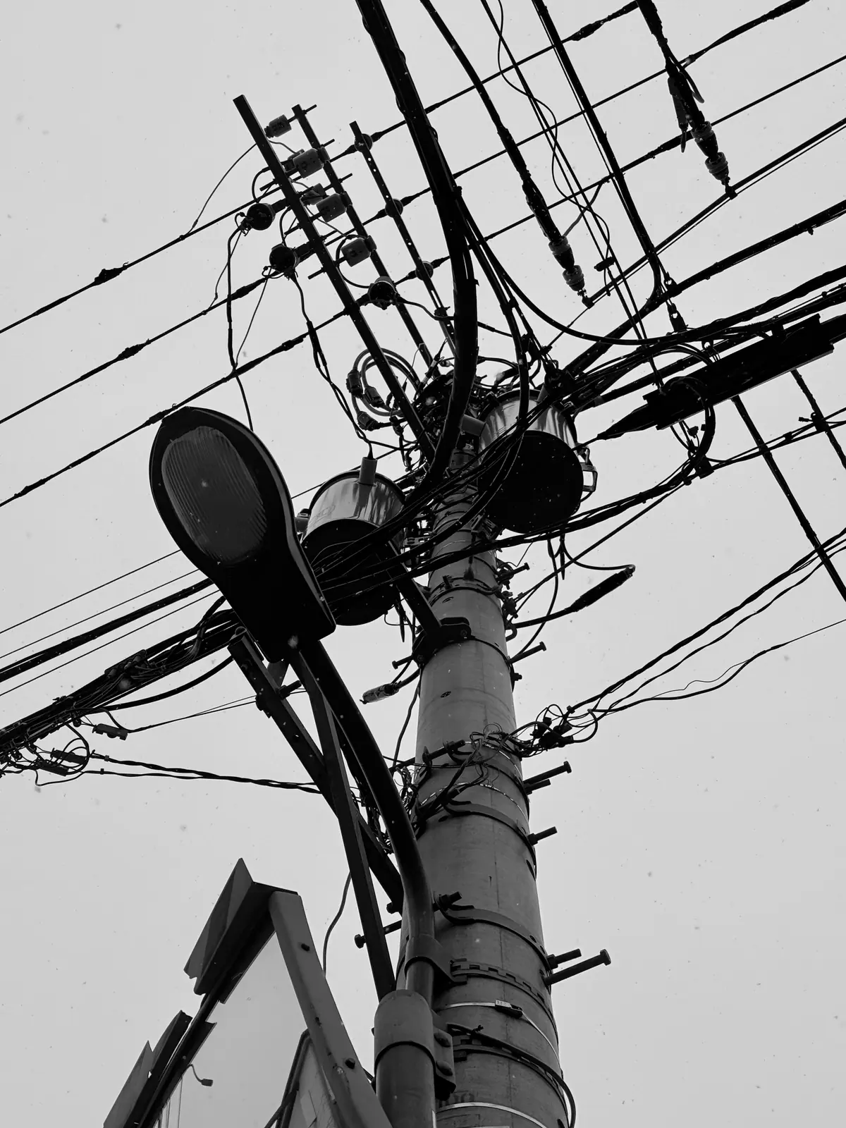 Dense overhead cables viewed in black and white