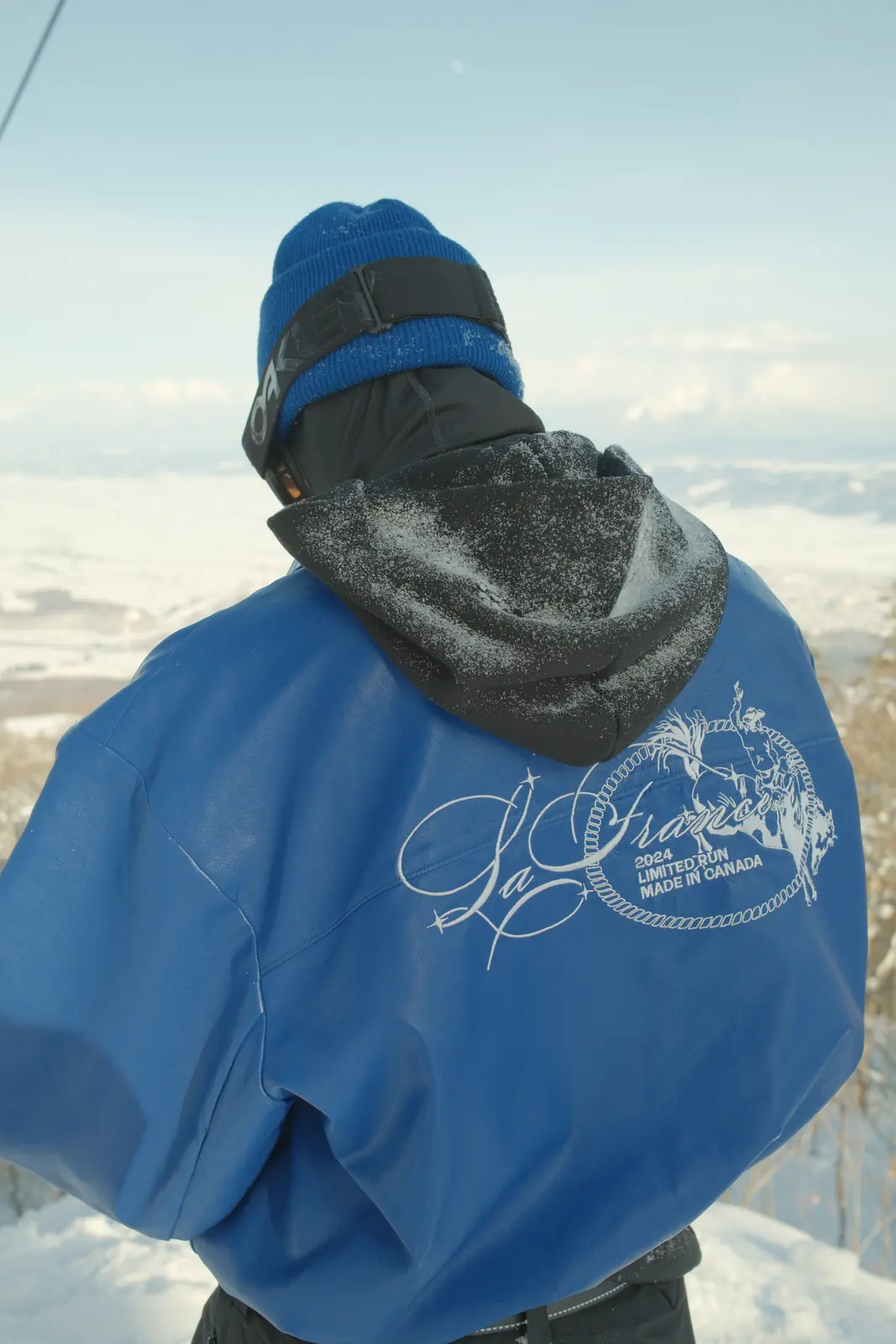 Close portrait in a blue jacket and winter hat