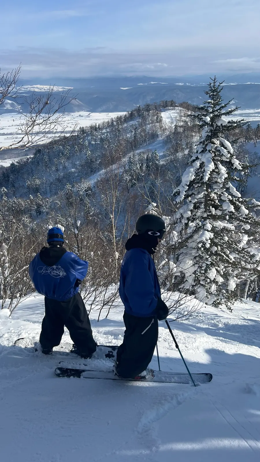 Two snowboarders looking across a snowy forest
